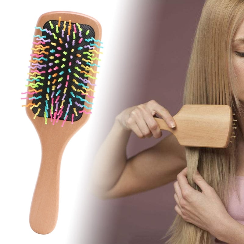 Rainbow Natural Wood Hair Brush Hair Care Spa Massage Comb Anti-static Paddle 2017 Rubber Men Women Travel Portable New Combs