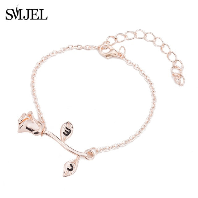 SMJEL New Beauty and the Beast Necklace Long Roses Flower Pendant Necklaces Sweater Chain Anniversary Wedding Gifts Accessories